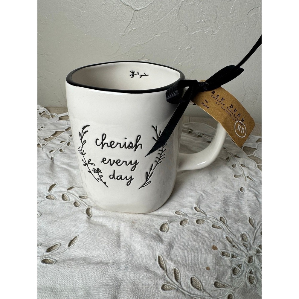 Rae Dunn CHERISH EVERY DAY mug white w/ black pinstripe & flowers